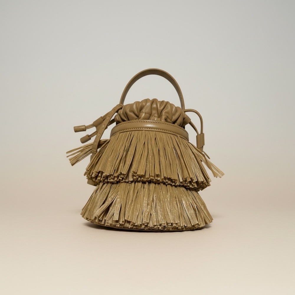 MICHAEL KORS COLLECTION Ischia Mini Leather and Fringe Bucket Bag Natural Peanut - Picture 3 of 14